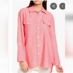 NWT Jones New York Linen Blend Button Down Rolled Tab Sleeve Small